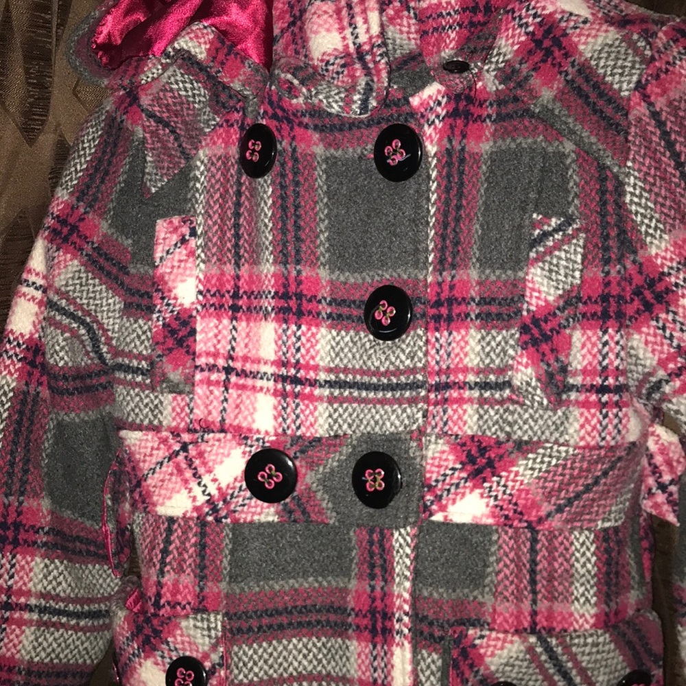 Girls Pink Plaid Peacoat w/hood - Picture 3 of 3